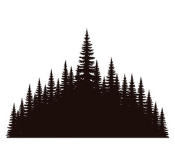 Obraz premium Silhouette of a dense forest of evergreen trees on a white background