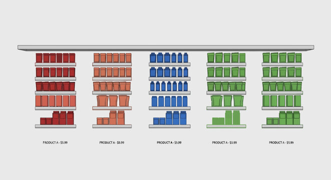 Grocery shelf display of product A in red orange blue and green containers arrayed on shelving for supermarket retail display.