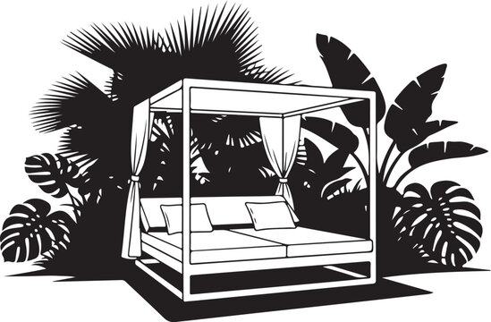 Black and white of a daybed with tropical plants canopy