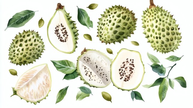 Watercolor illustration of soursop fruits and green leaves on white background