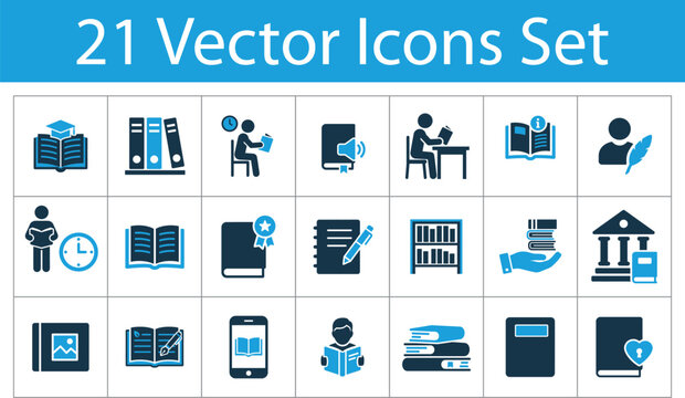 Education and Library Vector Icon Set. Books, reading, study, university, graduation and knowledge symbols. Solid style.