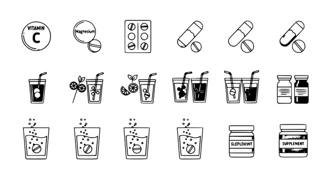 Healthcare vitamin and supplement line icon set featuring Vitamin C, capsules, tablet blister packs, effervescent drinks, fruit-infused water, and nutrition jars for wellness and pharmacy designs.