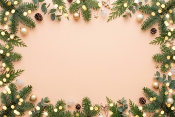 Fototapeta premium Christmas frame with fir branches pinecones ornaments and string lights