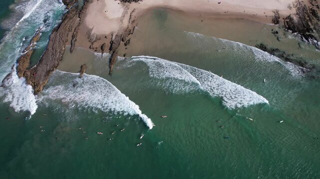 Waves Splashing On The Shore At Snapper Rocks In Coolangatta, Queensland, Australia - Drone Shot
