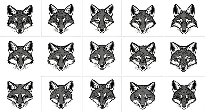 Collection of 12 unique gray fox head illustrations in various expressions on white background