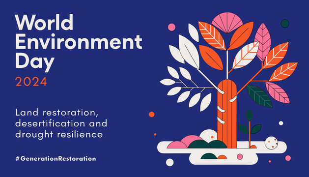 World environment day 2024 concept land restoration desertification and drought resilience with tree and leaves on blue background