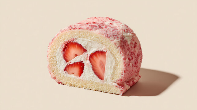 single slice of strawberry roll cake with whipped cream, japanese sponge cake with fresh strawberries, minimalist dessert photography of fruit swiss roll on white background