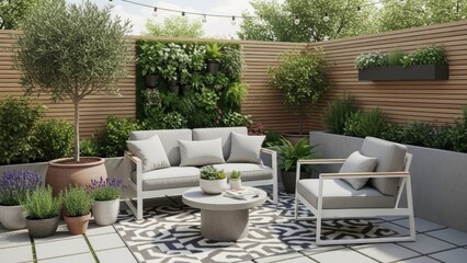 Fototapeta premium A serene outdoor seating area with modern furniture and lush greenery