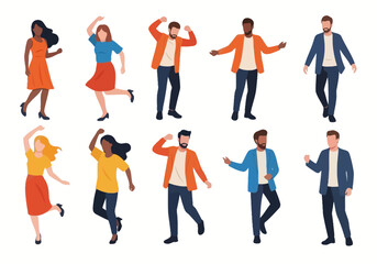 Fototapeta premium Diverse Group of People Dancing and Celebrating Character Set Flat Vector Illustration