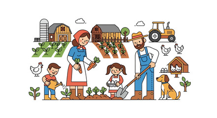 Happy farming family working together on a sunny day in a stylized rural landscape. © Andry