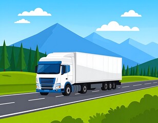Obraz premium A white semi-truck driving on a road through a scenic landscape