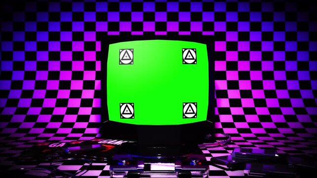 Retro Television with Green Screen in Vibrant Checkered Room Surrounded by Vintage Gaming Consoles and Controllers Creating Nostalgic Atmosphere
