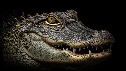Obraz premium A close-up portrait of a crocodile's face with sharp teeth and scales