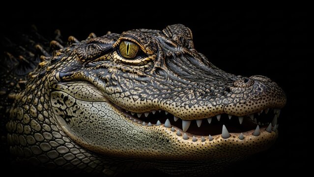 A close-up portrait of a crocodile's face with sharp teeth and scales