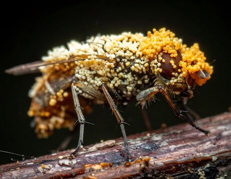 Close-up Macro Shot of a Fly Covered in Fungal Spores.