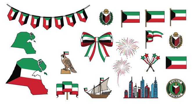 Kuwait National Day Celebration Icons: Flag, Map, Skyline, Dhow, Fireworks, Garland