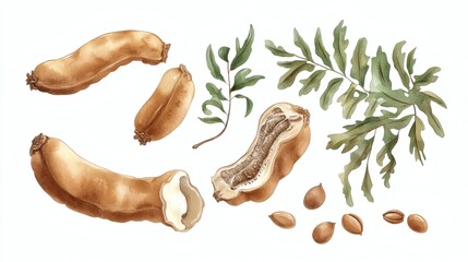 Obraz premium Watercolor botanical illustration of tamarind pods, seeds and leaf on white background