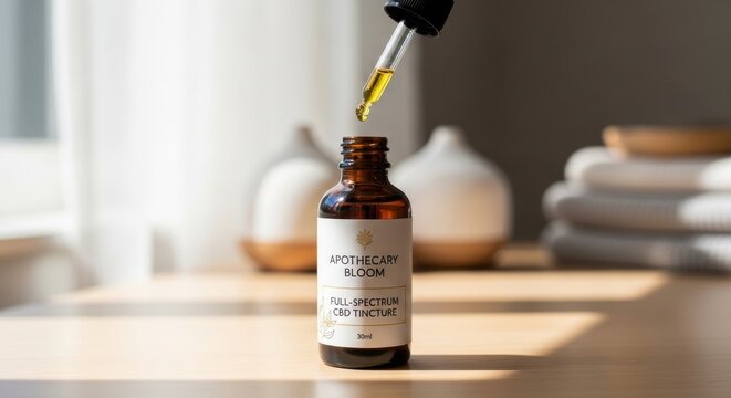 Artisan Apothecary Bloom CBD oil tincture in amber glass dropper bottle with pipette dispensing liquid