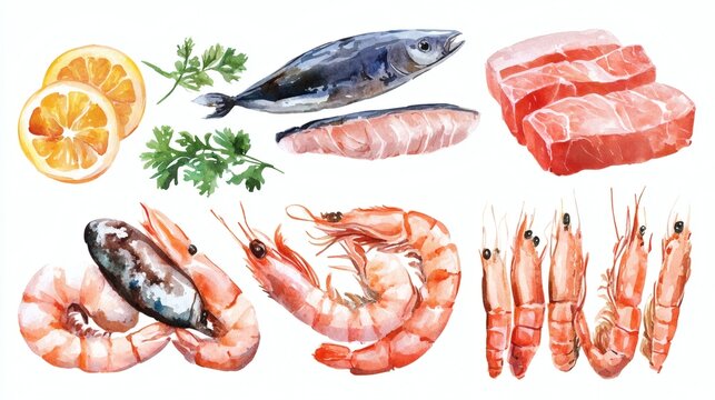 Watercolor illustration of various seafood items on white background, including shrimp, prawns, salmon steak, whole fish, sushi nigiri, shell and lemon slice