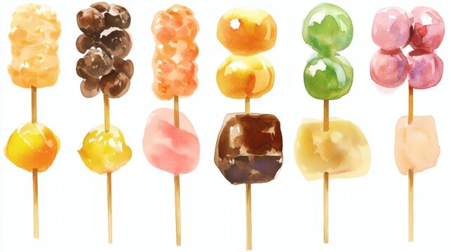 Watercolor illustration of colorful dango skewers arranged side by side on white background