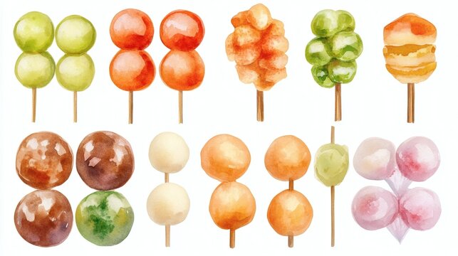 Watercolor illustration of colorful dango skewers arranged side by side on white background