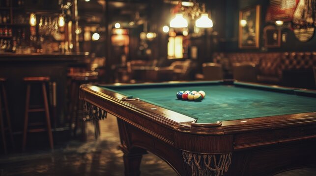 Vintage billiard table in a dimly lit, upscale pub.