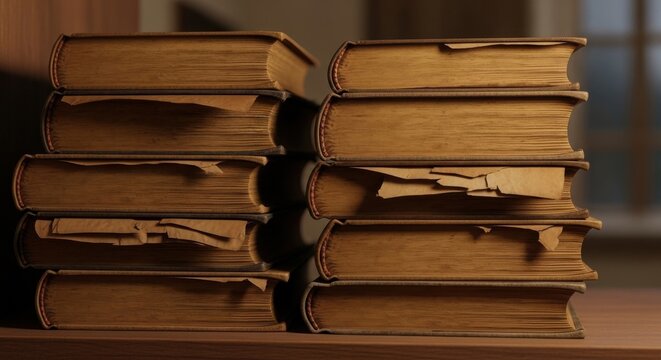 A Stack of Antique Books with Worn Leather Spines and Aged Pages