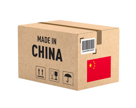 Made in China cardboard box on white background. Isolated 3D illustration