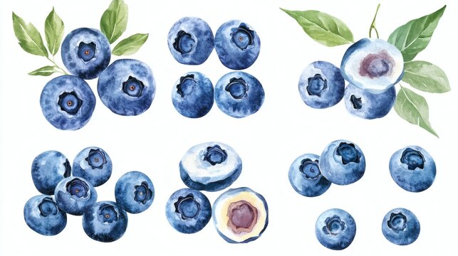 Watercolor illustrations of blueberries and leaves arranged in clusters and single berries on white background