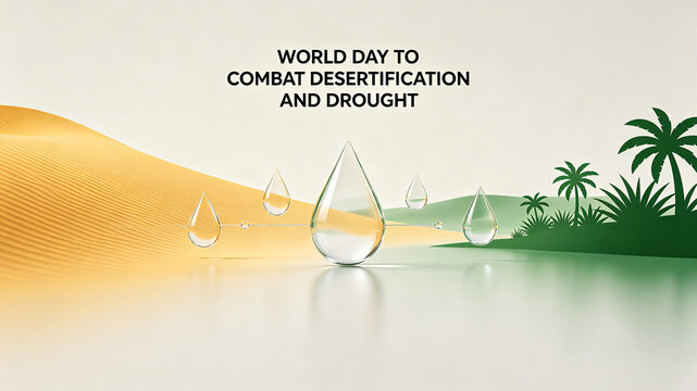 Desert oasis and transparent water droplets, prevention and control of desertification and ecological recovery on drought days, suitable for environmental protection and water conservation themes
