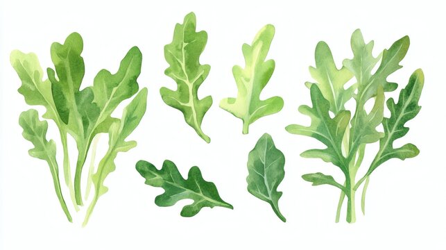 Watercolor illustration of arugula leaves and small sprigs painted in varying shades of green on white background, arranged as separate botanical elements