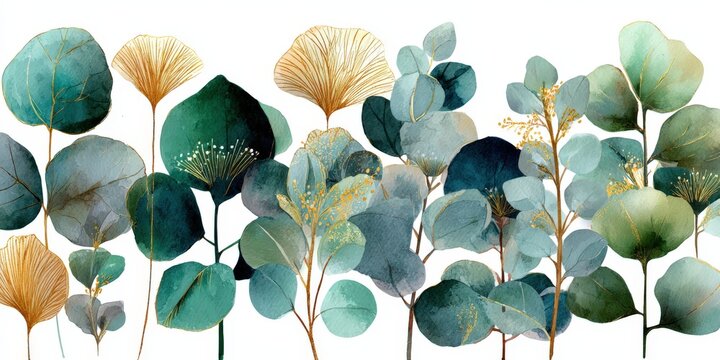 Watercolor illustration of various green leaves and plants with golden accents, arranged in a decorative pattern on a white background