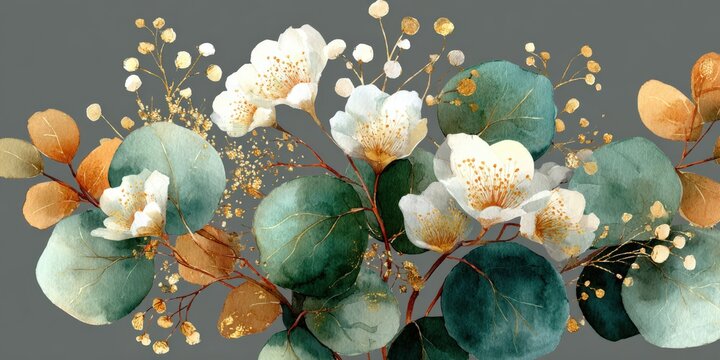 Watercolor illustration of white flowers and green eucalyptus leaves arranged artistically on a gray background, featuring delicate gold accents and botanical elements