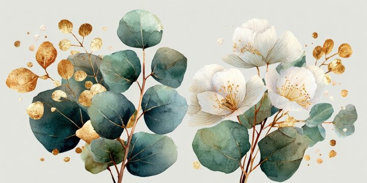 Watercolor illustration of white flowers and green eucalyptus leaves with gold accents on a light gray background, suitable for various decorative applications