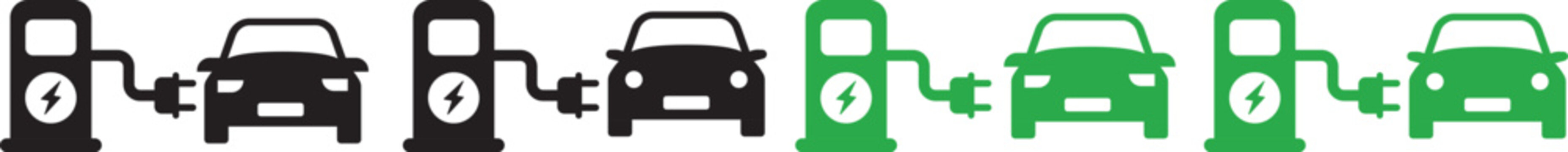 Electric car charging icon set. Electric car charging icons showing different charging stations and plug types. Recharger battery station for automobile. Friendly alternative energy