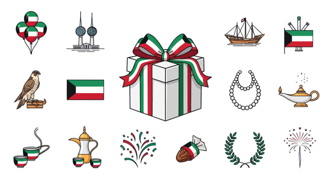 Kuwait National Day Celebration Icons: Flag, Gift Box, Landmarks, Falcon, Dhow