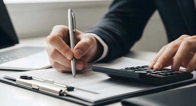 Businessman working on documents with calculator