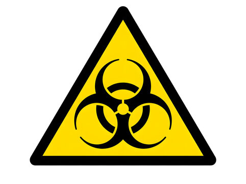 This vector illustration features a yellow triangle safety sign with black biohazard and radiation warning symbols to alert of dangerous toxic risk from radioactive nuclear materials or virus hazards