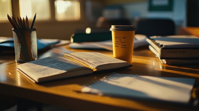 Open notebook, coffee cup, and pencils on a wooden table, sunlit study space.