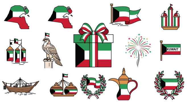 Kuwait National Symbols and Icons: Flag, Map, Falcon, Dhow, Coffee Pot, Fireworks