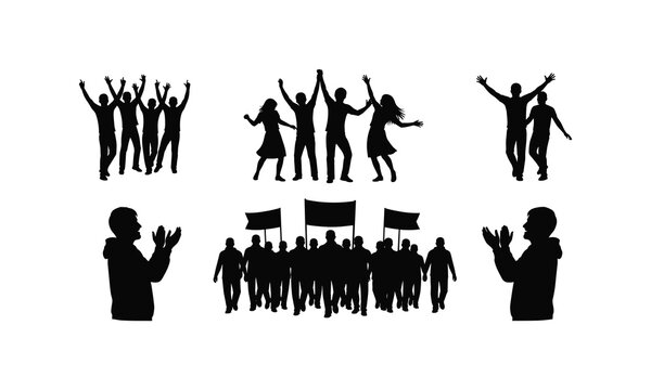 Juneteenth celebration crowd vector silhouette, happy people raising hands illustration.