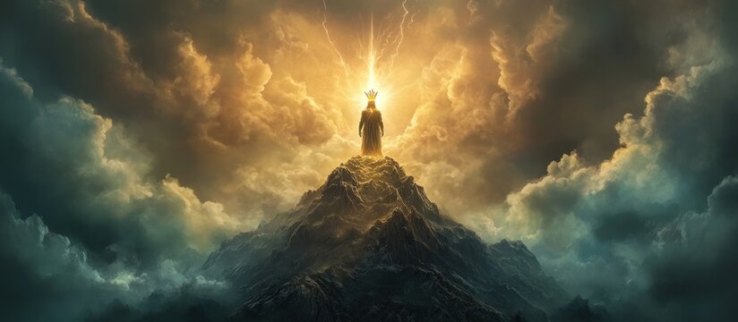 Divine figure atop mountain, radiant light, dramatic clouds.
