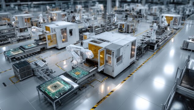 Automated manufacturing facility with robotic arms assembling electronic components on production line, showcasing advanced technology and industrial efficiency