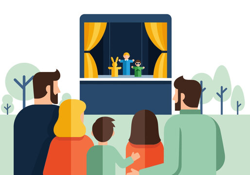 Family and Children Watching a Puppet Show Performance in an Outdoor Park Setting, Flat Vector Illustration