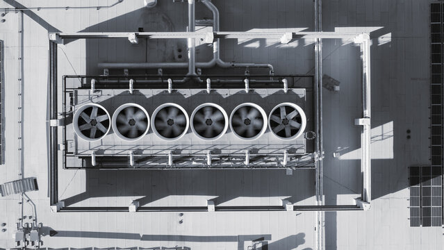 Rooftop industrial HVAC system cooling fans top view