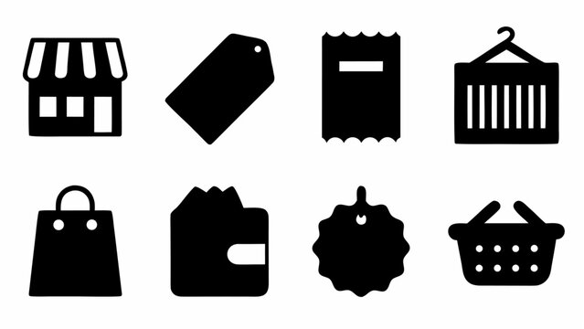 Collection of 36 black vector icons representing retail and e commerce concepts including storefronts shopping bags wallets price tags and shopping carts for digital design