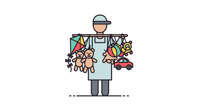 Street Vendor Selling Toys - Cartoon Illustration of Toy Seller with Kite, Teddy Bears, Car, Ball