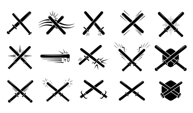 Abstract baton and nightstick icon collection with dynamic truncheon symbols in black modern vector style