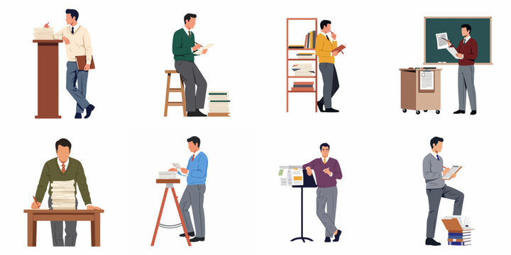 Flat illustration set of a male teacher or professor grading papers, lecturing, and working in various academic and office settings.