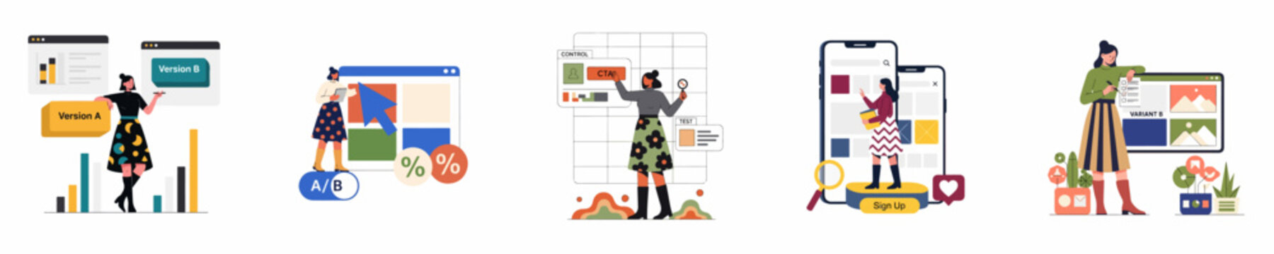 Collection of flat vector illustrations depicting women experts conducting A/B split testing and user experience analysis for digital marketing and web design optimization.